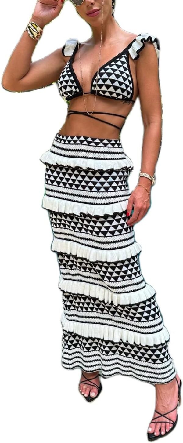 Conjunto de 2 piezas de falda de punto de ganchillo para mujer, top corto con huecos, cintura alta, maxi falda de playa