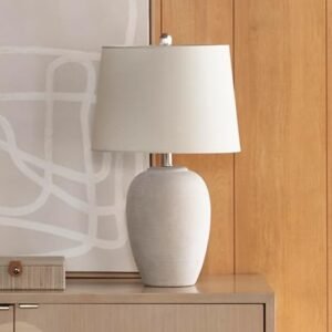 Nourison Lámpara de mesa de cerámica envejecida vintage de 23 pulgadas para dormitorio, sala de estar, mesa auxiliar, con pantalla de tambor cónico gris