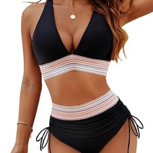 Blooming Jelly Conjunto de bikini de cintura alta para mujer, traje de baño de dos piezas con control de abdomen y bloque de color