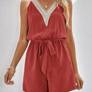 PRETTYGARDEN Mono corto de verano sexy con cuello en V para mujer, sin mangas, casual, cintura con bolsillo