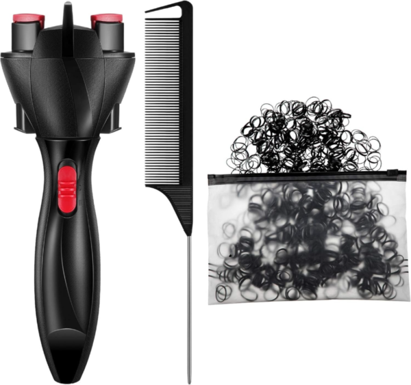 Automatic Hair Twister Hair Braider with 800 Pieces Mini Rubber Bands and Rat Tail Comb, Electronic Hair Braiding Machine Braid Maker DIY Hair Roller Styling Tool for DIY Hair Tangling Styling, Black