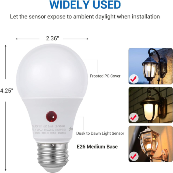DEWENWILS 4-Pack Dusk to Dawn Light Bulb Led Outdoor Lighting, Smart Automatic On/Off Photocell Sensor A19 E26 Porch Light Bulb, 2700K Soft Warm White, 9W (60W Equivalent), 800 LM, UL Listed - Image 3