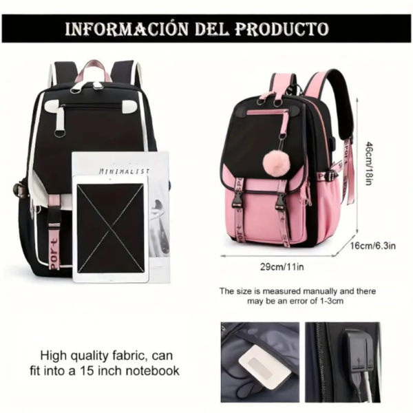 Large Capacity Cute Backpack With USB Charger Hole, Notebook Backpack For Students, Women's Canvas Backpack - Image 5