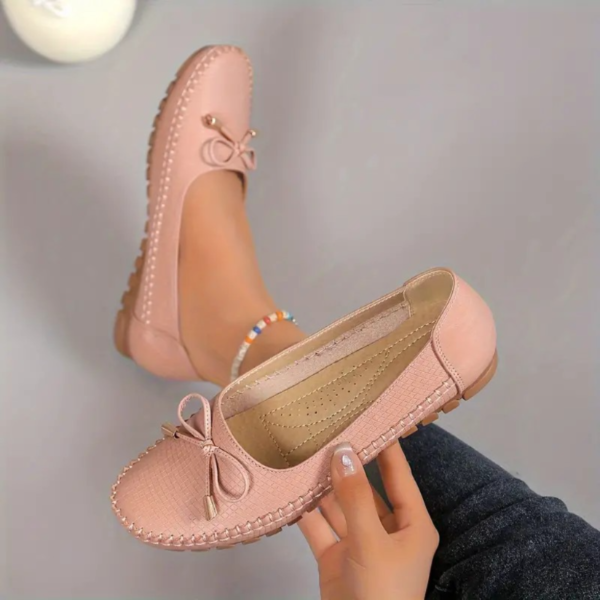 Zapatos planos de mujer con decoración de lazo de color liso, mocasines sin cordones, zapatos de moda cómodos y ligeros para uso casual. - Image 3