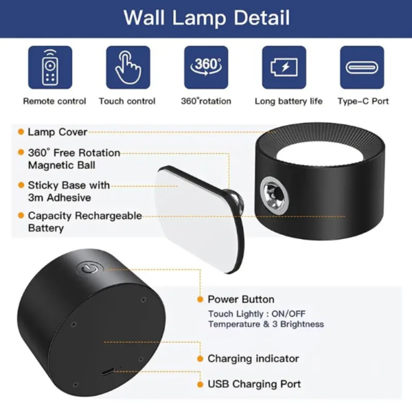 Acondicionado de pared LED moderno FUSSION, 24 LED, 3 niveles de brillo, 3 modos de color, control táctil, giratorio 360°, batería de litio recargable de 2000 mAh, acabado de metal pulido, luz de montaje en pared ajustable para dormitorio, lámpara de lectura de noche de cabecera - Image 5
