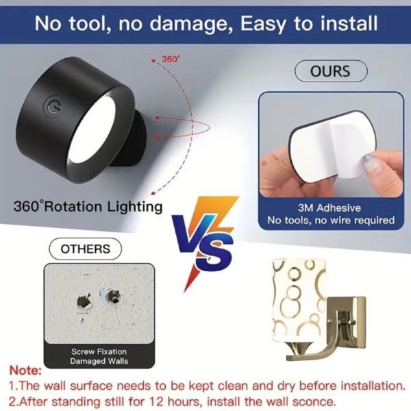 Acondicionado de pared LED moderno FUSSION, 24 LED, 3 niveles de brillo, 3 modos de color, control táctil, giratorio 360°, batería de litio recargable de 2000 mAh, acabado de metal pulido, luz de montaje en pared ajustable para dormitorio, lámpara de lectura de noche de cabecera - Image 4