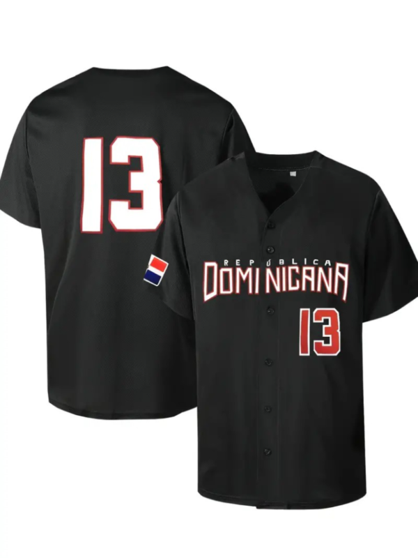 Mens Retro DOMINICANR V-neck Shirt - Vibrant Embroidered Logo, Short Sleeve, Loose Fit - Perfect Summer Baseball Style Jersey - Image 4