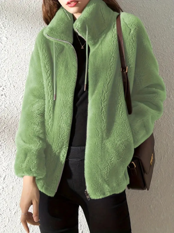 Drawstring Teddy Coat, Casual Zip Up Long Sleeve Warm Outerwear, Women's Clothing - Image 3