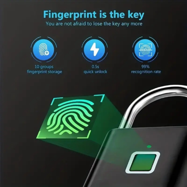 Advanced Biometric Smart Padlock - Fingerprint Recognition, USB Rechargeable, Zinc Alloy Construction, Door Lock Security with Thumbprint Unlocking Technology - Smart Life Home and Office Essential - Image 5