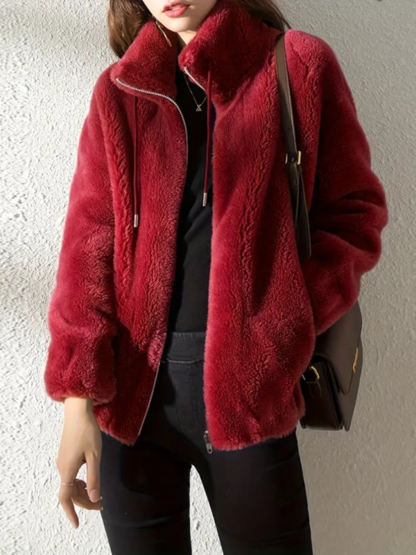 Drawstring Teddy Coat, Casual Zip Up Long Sleeve Warm Outerwear, Women's Clothing - Image 2