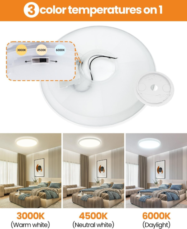 Plafón LED regulable de 16,5 pulgadas, 3000K-4500K-6000K, lámpara de techo seleccionable de 3 colores, luminaria 4200LM de 36W, plafonnier Luminarias LED para cocina, dormitorio, salón, pasillo (blanco) - Image 8