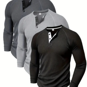 Loose Fit Mens Solid Henley Shirt - Soft Polyester Long Sleeve Crew Neck with Half Button Front and Raglan Sleeves - Perfect for Weekend Casual Spring and Fall Outdoor Activities