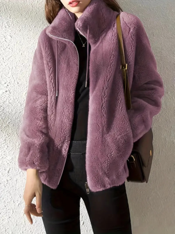 Drawstring Teddy Coat, Casual Zip Up Long Sleeve Warm Outerwear, Women's Clothing - Image 4