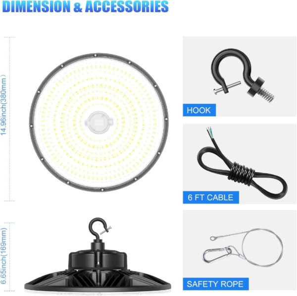 KUKUPPO 200W LED High Bay Light Dimmable cUL & DLC Listed 30,000Lm 5000K Daylight LED Warehouse UFO Shop Light, IP65 Waterproof AC100-277V - Image 4