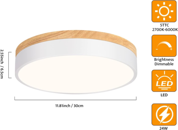 Yiisem Dimmable Wood LED Flush Mount Ceiling Light, 2700K-6000K Selectable Modern Round Close to Ceiling Lighting Fixtures, Minimalist White Ceiling Lamp for Bedroom, Kitchen, Hallway, Laundry Room - Image 5