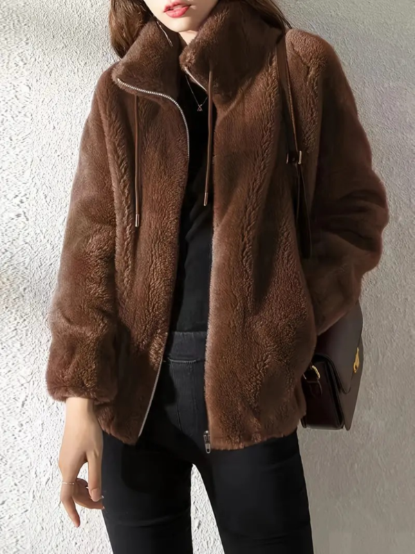 Drawstring Teddy Coat, Casual Zip Up Long Sleeve Warm Outerwear, Women's Clothing - Image 5