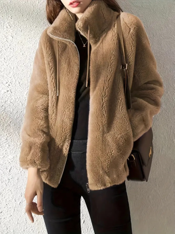 Drawstring Teddy Coat, Casual Zip Up Long Sleeve Warm Outerwear, Women's Clothing