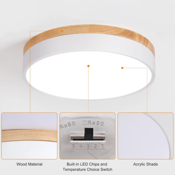 Yiisem Dimmable Wood LED Flush Mount Ceiling Light, 2700K-6000K Selectable Modern Round Close to Ceiling Lighting Fixtures, Minimalist White Ceiling Lamp for Bedroom, Kitchen, Hallway, Laundry Room - Image 4