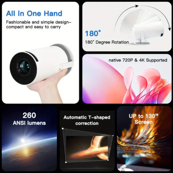 Lyncast HY300 PRO Mini Projector, Android 11, Dual WiFi6, 260 ANSI Lumens, 1080P Supported, 4K HD Decoding, Mono Audio, 130" Display, Automatic Keystone, 180° Rotation, Phone Compatible, No Battery, US Plug - Portable WiFi Projector for Outdoor/Home Theater - Image 5
