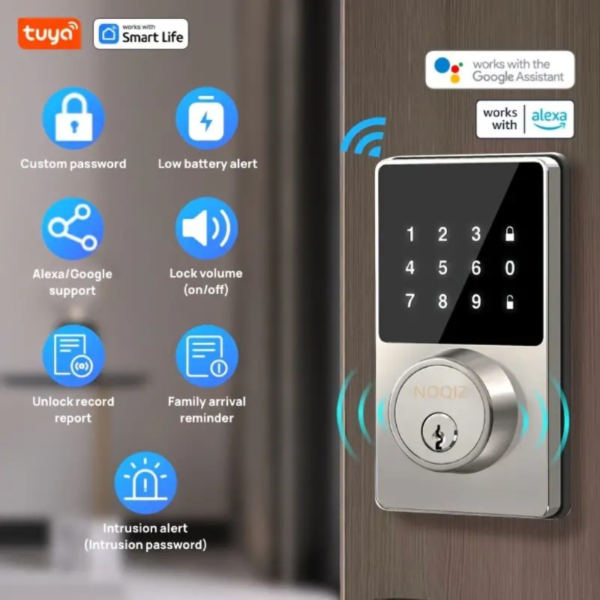 Cerradura inteligente WiFi con Tuya Smart y Smart Life, cerradura de entrada sin llave con teclado táctil, aplicación, 10 códigos de usuario, alerta de batería baja, seguridad, informe de estado de alarma, volumen de bloqueo (encendido/apagado), contraseñas temporales y personalizadas, con teclado táctil, control remoto, fácil de instalar, funciona con Alexa y Google Home - Image 2