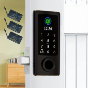 Cerradura electrónica inteligente con huella dactilar para puerta principal - Capacidad para más de 300 usuarios con pantalla OLED, desbloqueo automático y con un solo toque, alimentada por batería, fácil instalación de bricolaje, acabado en bronce envejecido, sin función inalámbrica, cuerpo estándar americano