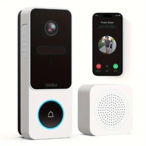 Timbre con cámara inalámbrico AOSU - Vista de pies a cabeza, detección inteligente de paquetes, timbre con video WIFI 2.4G con Homebase, sin tarifas mensuales, detección inteligente de humanos, funciona con Alexa y Google Assistant