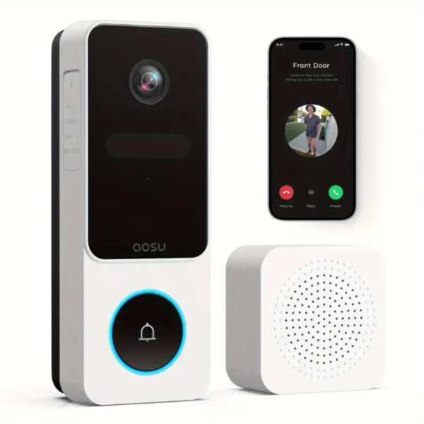 Timbre con cámara inalámbrico AOSU - Vista de pies a cabeza, detección inteligente de paquetes, timbre con video WIFI 2.4G con Homebase, sin tarifas mensuales, detección inteligente de humanos, funciona con Alexa y Google Assistant
