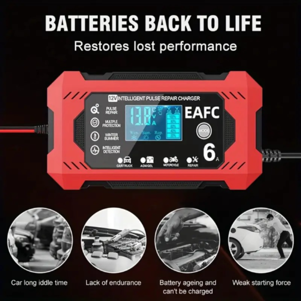 Cargador de batería para automóvil, 12V 6A Batería inteligente Cargador lento Auto 12V 24V Mantenedor de batería para automóvil Camión Motocicleta Cortacésped Cargador de ácido de plomo marino