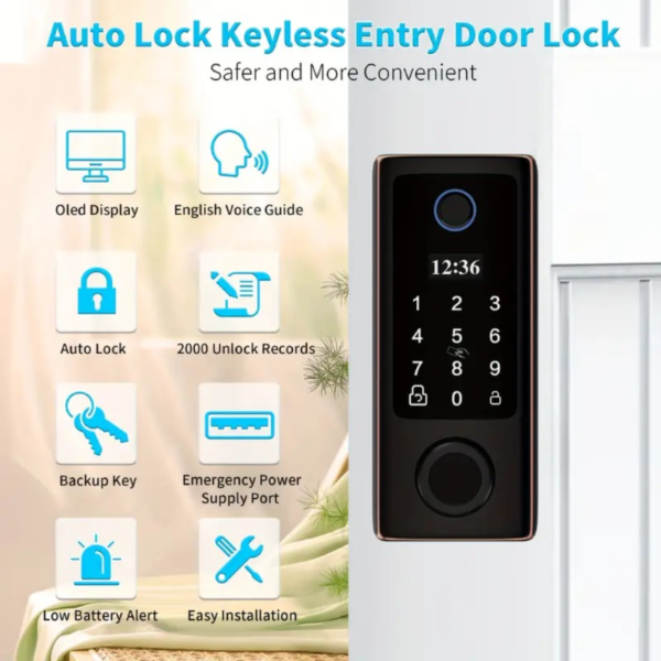 Cerradura electrónica inteligente con huella dactilar para puerta principal - Capacidad para más de 300 usuarios con pantalla OLED, desbloqueo automático y con un solo toque, alimentada por batería, fácil instalación de bricolaje, acabado en bronce envejecido, sin función inalámbrica, cuerpo estándar americano - Image 4