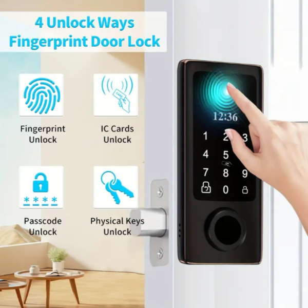 Cerradura electrónica inteligente con huella dactilar para puerta principal - Capacidad para más de 300 usuarios con pantalla OLED, desbloqueo automático y con un solo toque, alimentada por batería, fácil instalación de bricolaje, acabado en bronce envejecido, sin función inalámbrica, cuerpo estándar americano - Image 6