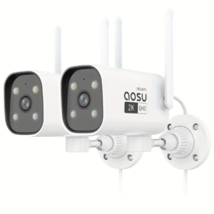 Cámara de seguridad para exteriores AOSU 2K con visión nocturna a color, cámara de seguridad para exteriores con WiFi de 5 GHz y 2.4 GHz compatible con grabación 24/7, cámara de seguridad con seguimiento automático por cable, audio bidireccional, crucero automático (paquete de 2)