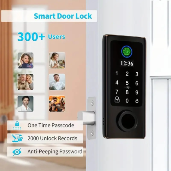Cerradura electrónica inteligente con huella dactilar para puerta principal - Capacidad para más de 300 usuarios con pantalla OLED, desbloqueo automático y con un solo toque, alimentada por batería, fácil instalación de bricolaje, acabado en bronce envejecido, sin función inalámbrica, cuerpo estándar americano - Image 2