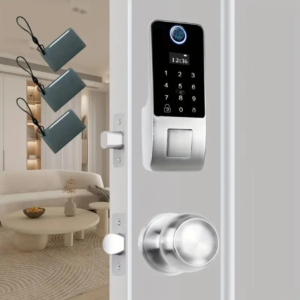 Juego de Cerradura de Puerta Sin Llave Inteligente con Huella Dactilar y Teclado - Fácil Instalación, Bloqueo Automático, Acabado en Níquel Satinado
