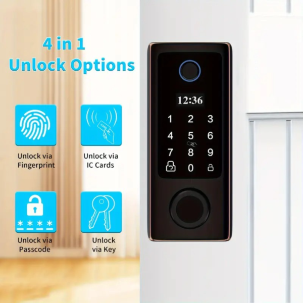 Cerradura electrónica inteligente con huella dactilar para puerta principal - Capacidad para más de 300 usuarios con pantalla OLED, desbloqueo automático y con un solo toque, alimentada por batería, fácil instalación de bricolaje, acabado en bronce envejecido, sin función inalámbrica, cuerpo estándar americano - Image 3