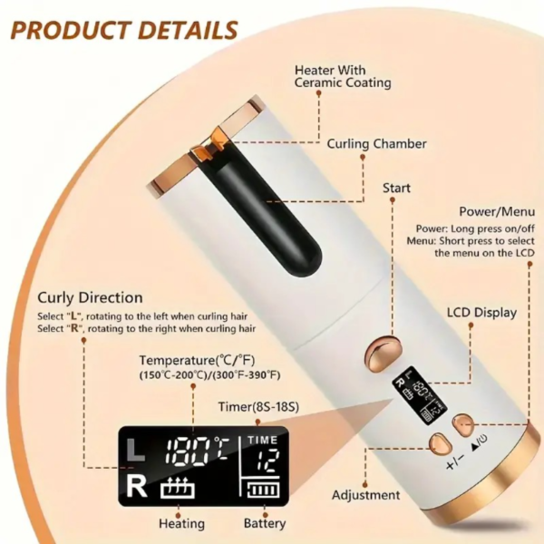 5 Ajustes de Calor Auto-Rizador para Rizos Encantadores - Cerámica, Anti-Escaldaduras, Anti-Enredos, Batería de Litio Recargable USB de Carga Rápida - Perfecto para Peinar, Ocasiones Especiales y como un Regalo Elegante con Elegante Caja de Regalo Incluida - Image 5