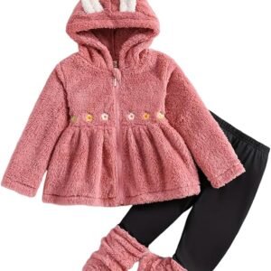 Trsenvrml Girls Winter Jackets for Kids Fleece Bunny Hooded Dress Coats + Sherpa Lined Pants Fall Clothes Set 2 PC