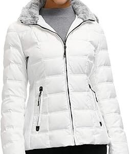 SLOW DOWN Women Midweight Down Puffer Jacket, Warm Hooded Winter Down Jacket for Women with Faux-Fur Hood & Collar