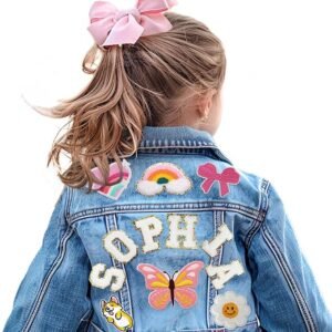 weokooly Custom Toddler Jean Jacket with Names, Personalized Kids Denim Patch Jacket for Girls Back to School Clothes, Outerwear Jackets for 1-8 Year Old Girl Boy Birthday Gifts, Color 1-linear