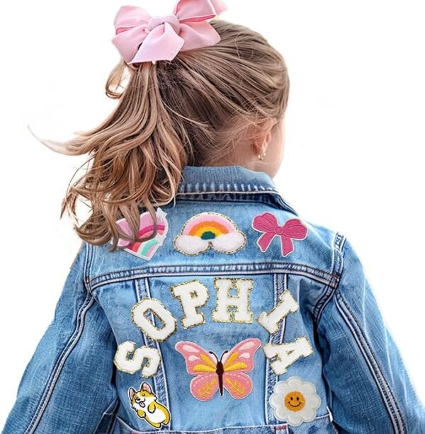 weokooly Custom Toddler Jean Jacket with Names, Personalized Kids Denim Patch Jacket for Girls Back to School Clothes, Outerwear Jackets for 1-8 Year Old Girl Boy Birthday Gifts, Color 1-linear