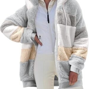 HEEKPEK Women Fuzzy Jackets Fleece Zip Up Hooded Ladies Coats Sherpa Striped Warm Plush Casual Outwear Plus Size with Pockets