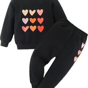 Cute Toddler Girls Sweatsuit - Casual Heart Print Kids Fall Clothes Set Hoodie Sweatshirt Pants Winter Outfits