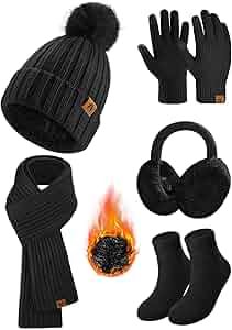 Xukk Women Winter Knit Hat Scarf Touch Screen Gloves Ear Muffs Socks 5 Pieces Sets Faux Fur Pom Beanie Warmer Cap