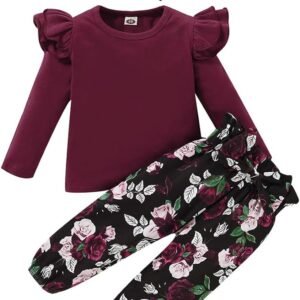 YALLET 3Pcs Toddler Girl Clothes,Solid Color Long Sleeves Ruffle Top+ Floral Pant +Floral Headband