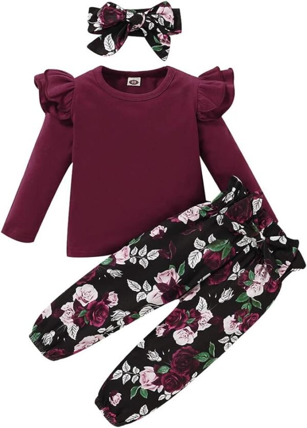 YALLET 3Pcs Toddler Girl Clothes,Solid Color Long Sleeves Ruffle Top+ Floral Pant +Floral Headband