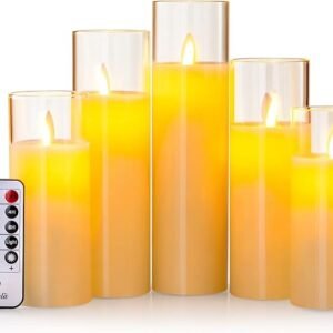 Realistic Candles Set of 5, Real Wax Dancing Wick Glass Flameless Candles with Remote, 2H 4H 6H 8H Timer, Flicker, Dimmer, Size D: 2'' x H: 5.1'' 5.5'' 6.3'' 7'' 7.9'', Operate by 2 AA Batteries