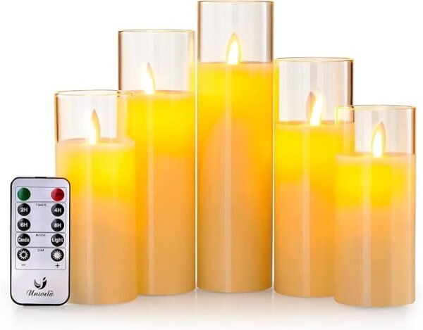 Realistic Candles Set of 5, Real Wax Dancing Wick Glass Flameless Candles with Remote, 2H 4H 6H 8H Timer, Flicker, Dimmer, Size D: 2'' x H: 5.1'' 5.5'' 6.3'' 7'' 7.9'', Operate by 2 AA Batteries