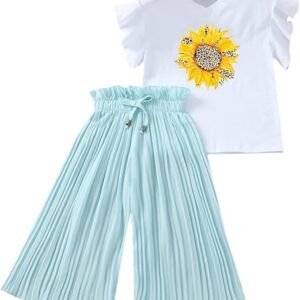 Toddler Kids Girls Summer Clothes Cute Sunflower T Shirt Tops Chiffon Ruched Loose Wide Leg Pants Set Teen Casual Outfitºººººººººººººººººººººººººººººººººººººººººººººººº