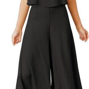 ROYLAMP Women's Summer 2 Piece Outfits Round neck Crop Basic Top Cropped Wide Leg pants Set Jumpsuits