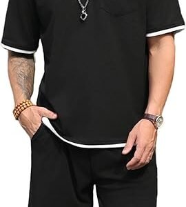 SPKPKEY 2025 New Men's Fashion 2 Piece Waffle Shirt and Shorts Sets Summer Beach Outfits Casual Tracksuits Set with Pockets