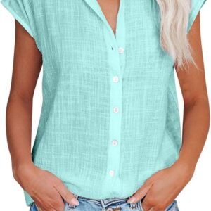 Hnodov Womens Short Sleeve Button Down Shirt Collared V Neck Blouse Summer Cotton Linen Tops Loose Fit Casual Dressy Clothes